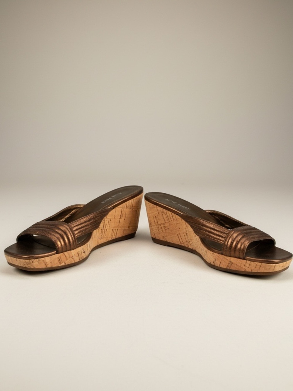 NINE WEST Cork Platform Sandals Wedges Bronze Slides Mules Quilted Leather Shoes